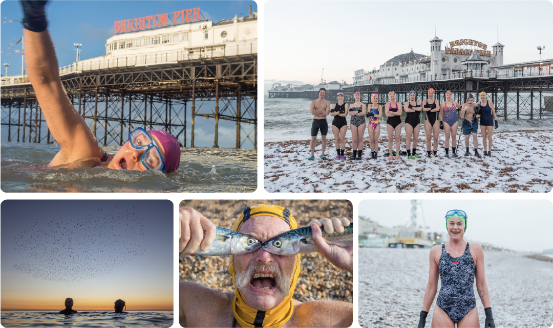 a collage of people on Brighton Beach in various swimwear